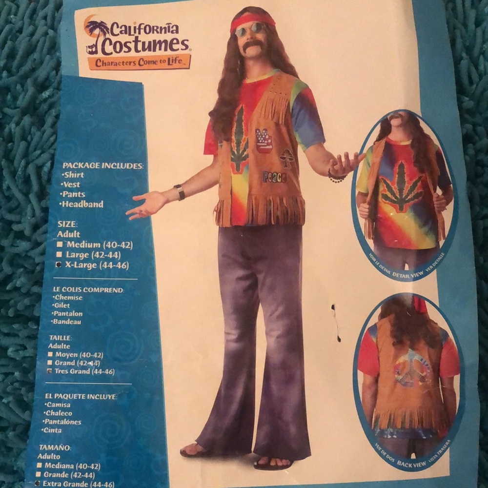 Hippie California Costume. Shirt, fridge vest, pants, size XL. Great condition.
